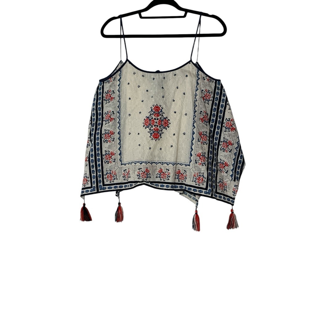 Aerie Top‎ Women Size XS Floral Abstract Print Tassels Boho Bohemian Oversized
